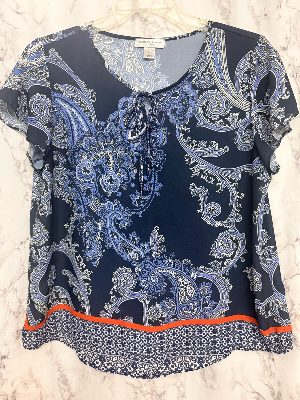 Christopher & Banks Navy Blue Paisley Tie-Neck Short Sleeve Top